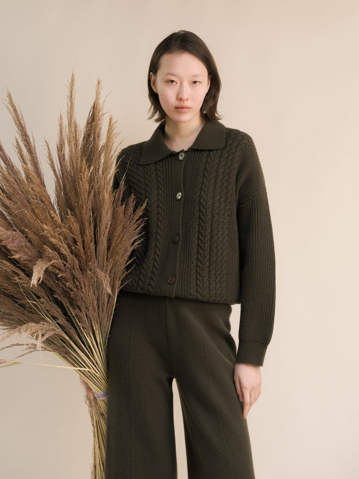 Cashmere Mix Cable Polo Cardigan